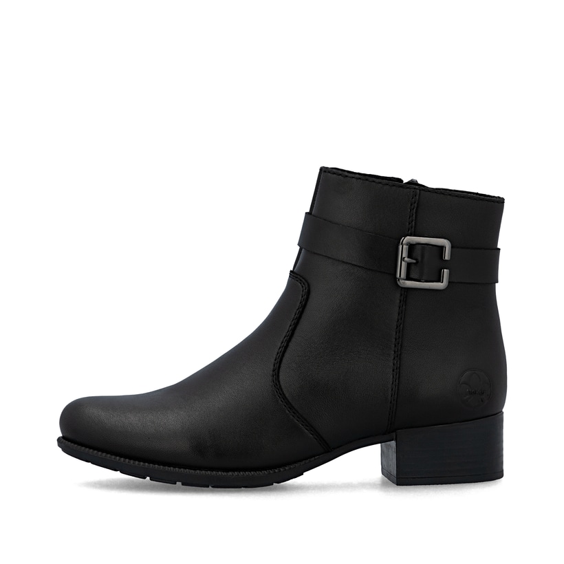 Schwarze Rieker Damen Stiefeletten 78664-00 aus Glattleder mit Reißverschluss. Schuh Außenseite.