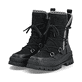Schwarze Rieker Damen Kurzstiefel W2175-00 aus Rauleder mit weißer Zickzack-Naht. Schuhpaar seitlich schräg.