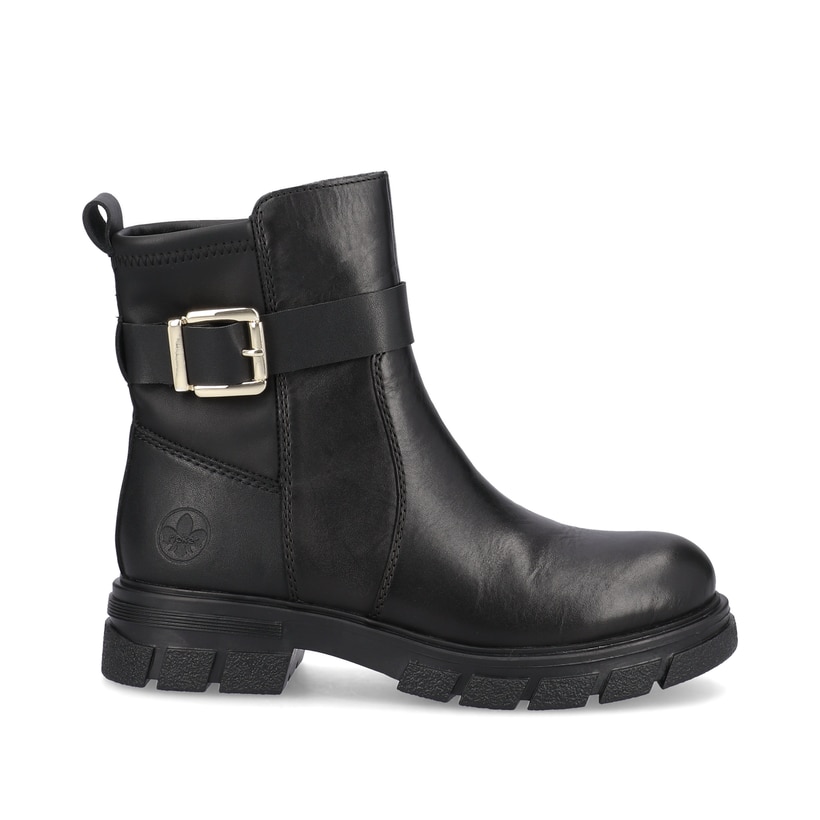 Schwarze Rieker Damen Kurzstiefel Z9174-00 mit Zierschnalle sowie Reißverschluss. Schuh Außenseite gespiegelt.