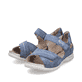 Blaue Rieker Damen Riemchensandalen V7474-10 mit einem Klettverschluss. Schuhpaar seitlich schräg.