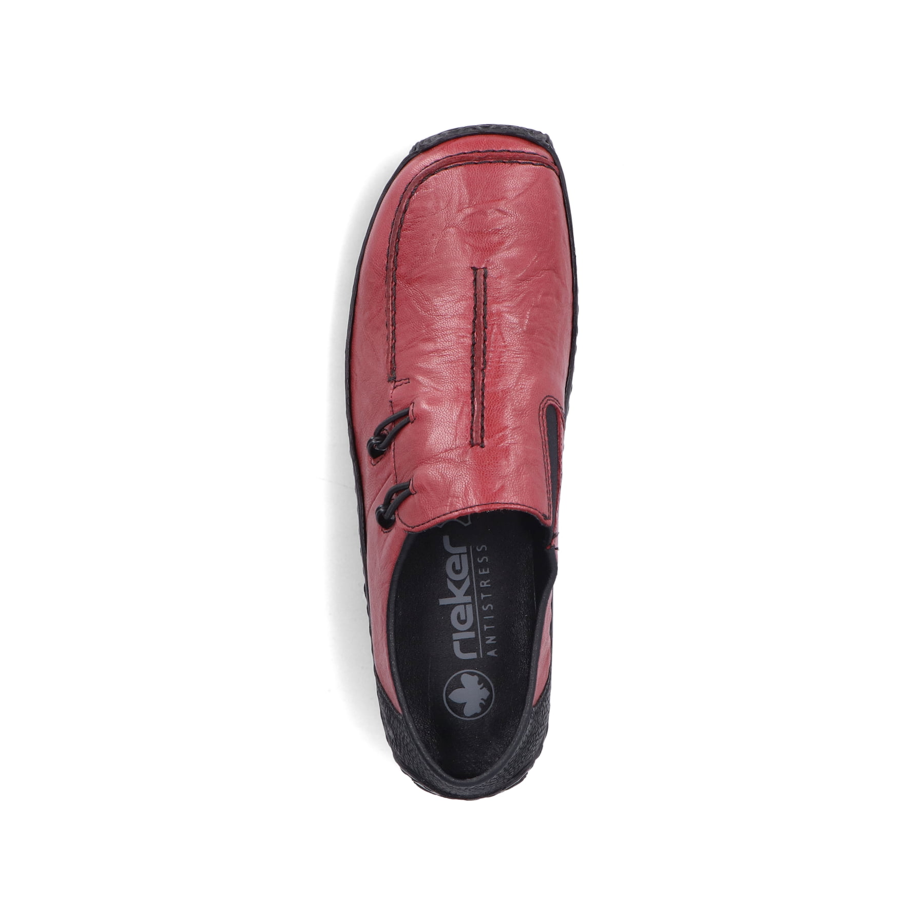 Mocassins Rieker rouges femme L1751-35 en cuir lisse avec bande élastique. Chaussure vue de dessus.