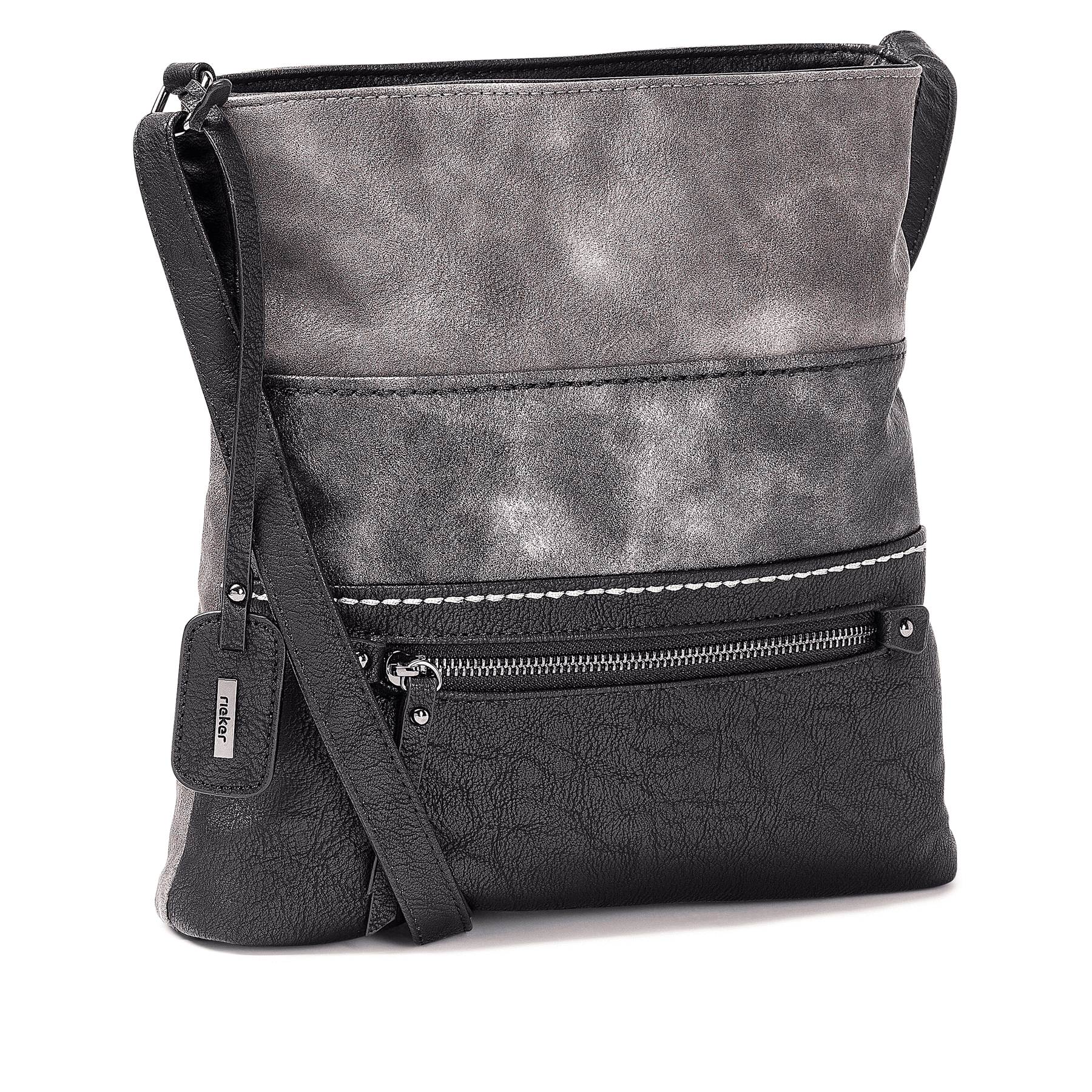 Sac bandoulière Rieker H1301-45 en gris avec finition métallisée, fermeture éclair et poche pour téléphone portable. Côté gauche.