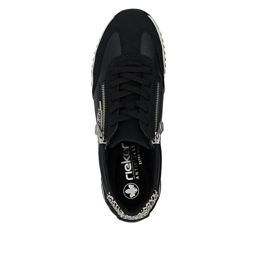 Schwarze Rieker Damen Schnürschuhe N1210-00 mit einem Reißverschluss. Schuh von oben.