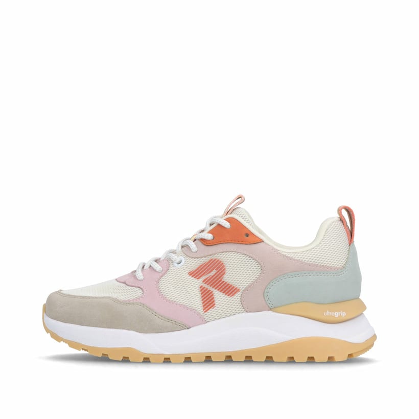 Baskets basses Rieker beiges pour femme W2506-61 avec lacets. Côté extérieur de la chaussure.