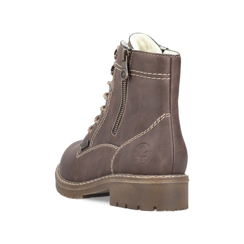 
Schokobraune Rieker Damen Schnürstiefel Y9134-25 mit einer robusten Profilsohle. Schuh von hinten
