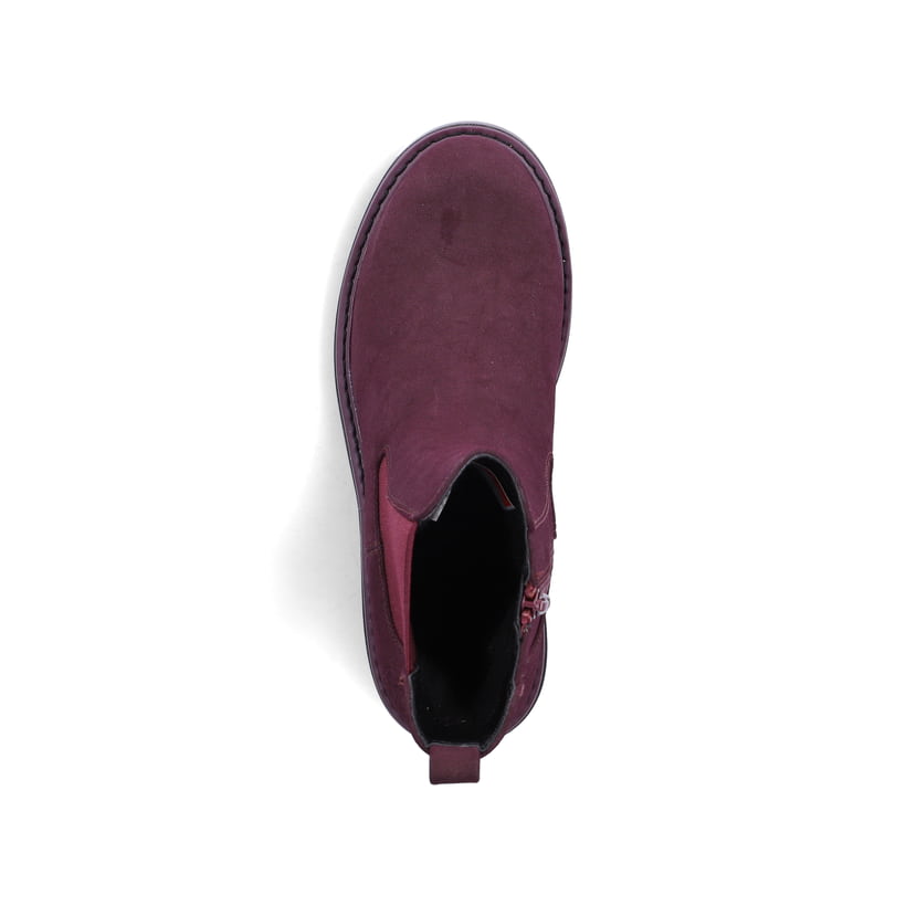 Brombeerfarbene Rieker Damen Chelsea Boots 91580-30 mit einem Reißverschluss. Schuh von oben.