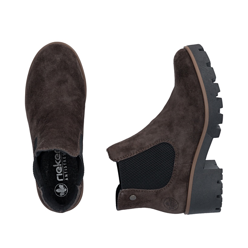 Dunkelbraune Rieker Damen Chelsea Boots 79265-25 aus Rauleder mit einem Gummizug. Schuh von oben, liegend.