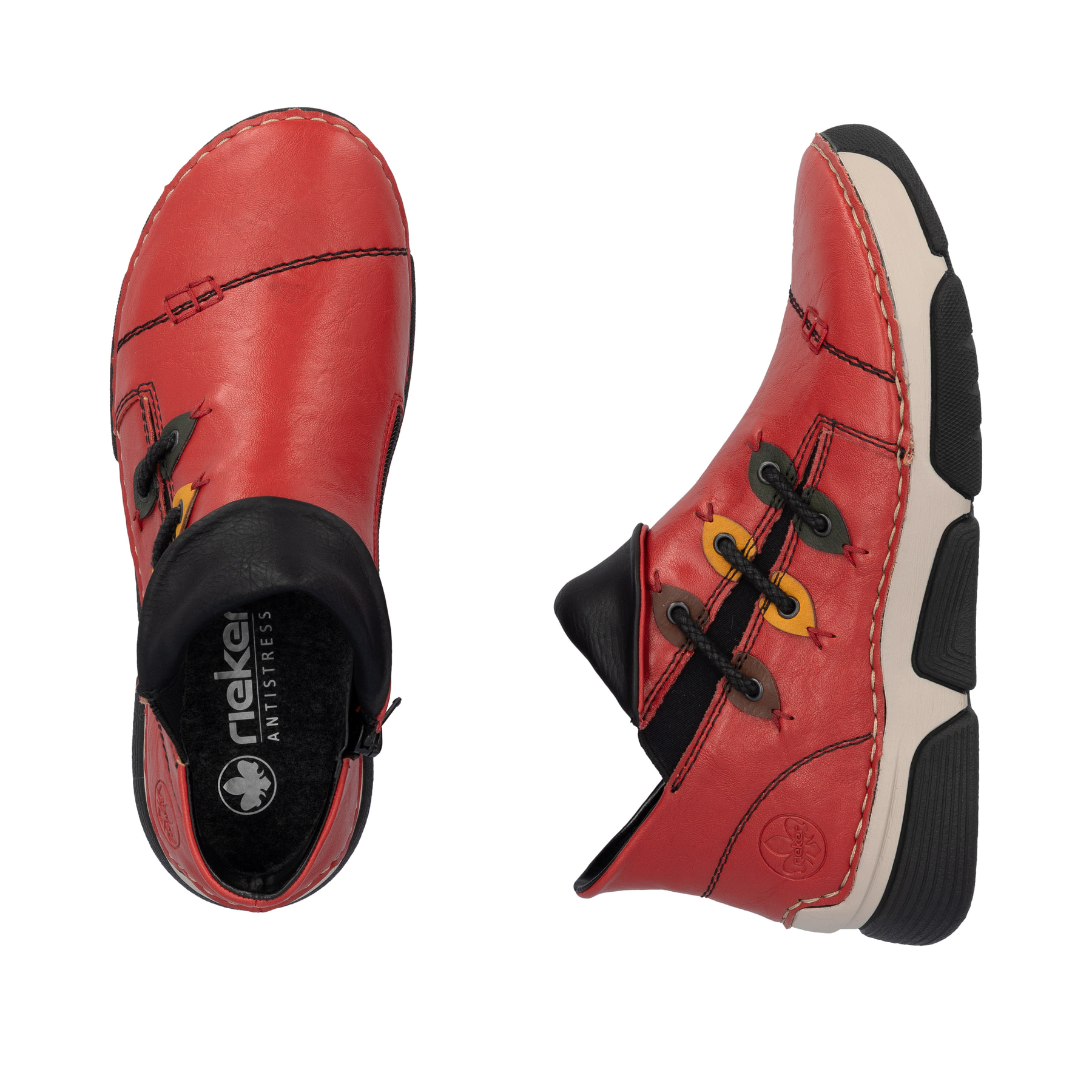 Rot-schwarze Rieker Damen Kurzstiefel 45983-33 mit einem Reißverschluss. Schuh von oben, liegend.