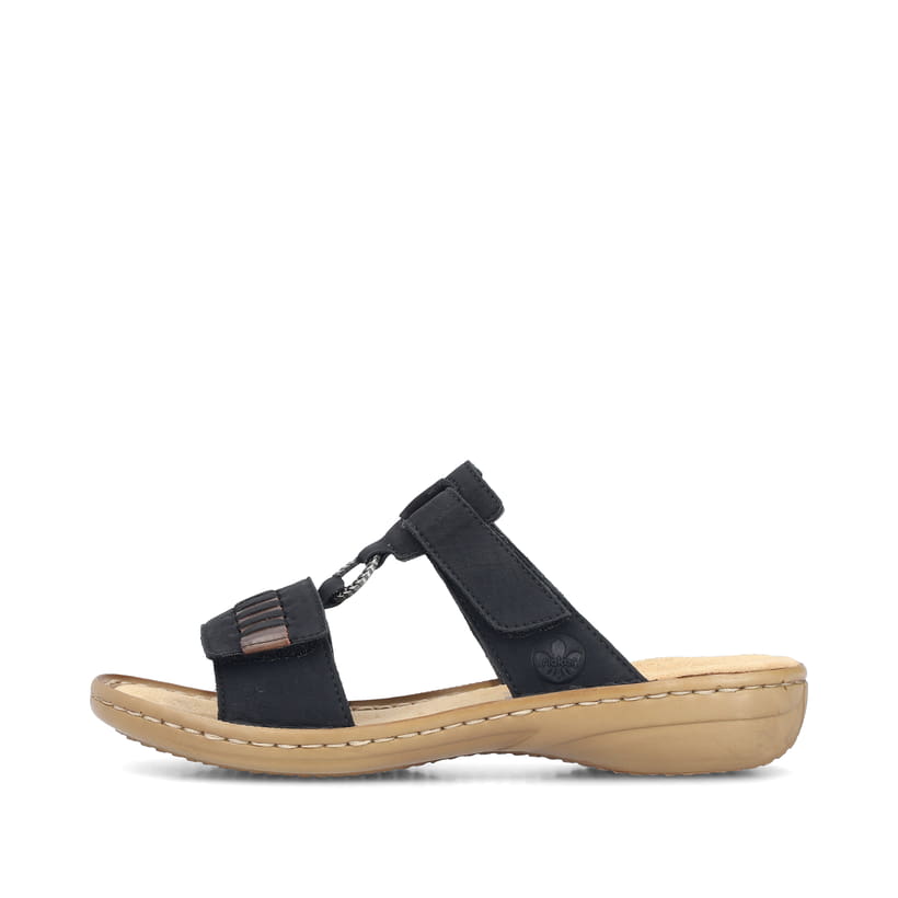 Schwarze Rieker Damen Pantoletten 60881-00 mit einem Klettverschluss. Schuh Außenseite.