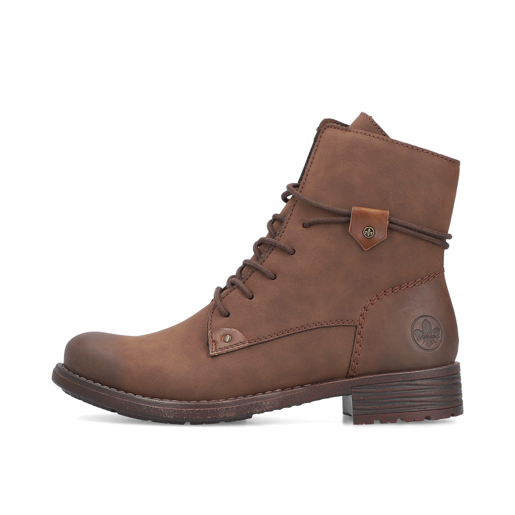 Dunkelbraune Rieker Damen Schnürstiefel 79442-24 mit einem Reißverschluss. Schuh Außenseite.
