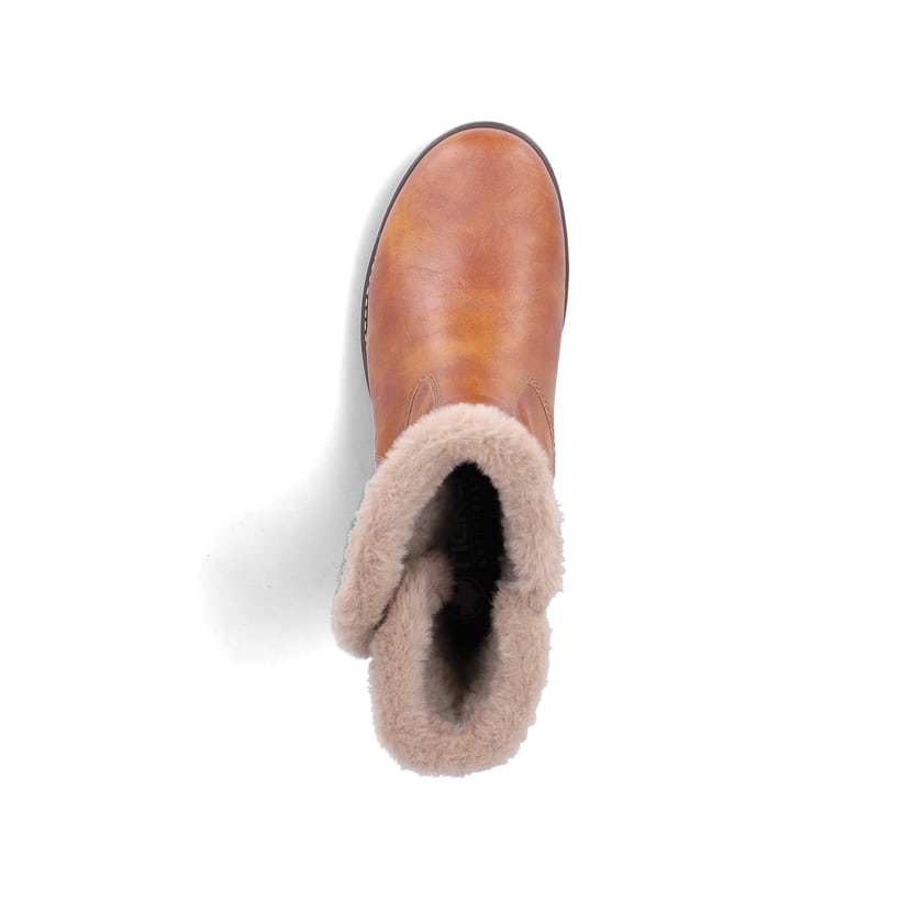 Braune Rieker Damen Kurzstiefel 79580-25 mit Kunstfell-Kragen. Schuh von oben.