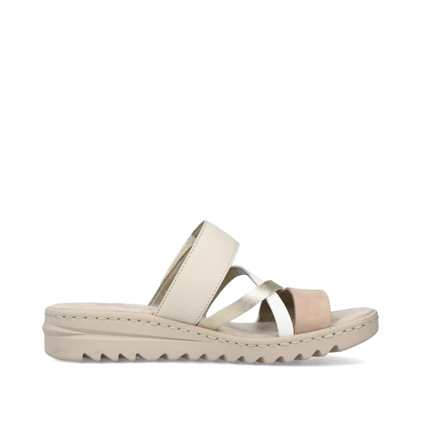 Champagnerfarbene Rieker Damen Pantoletten V4652-90 mit einem Klettverschluss. Schuh Innenseite.