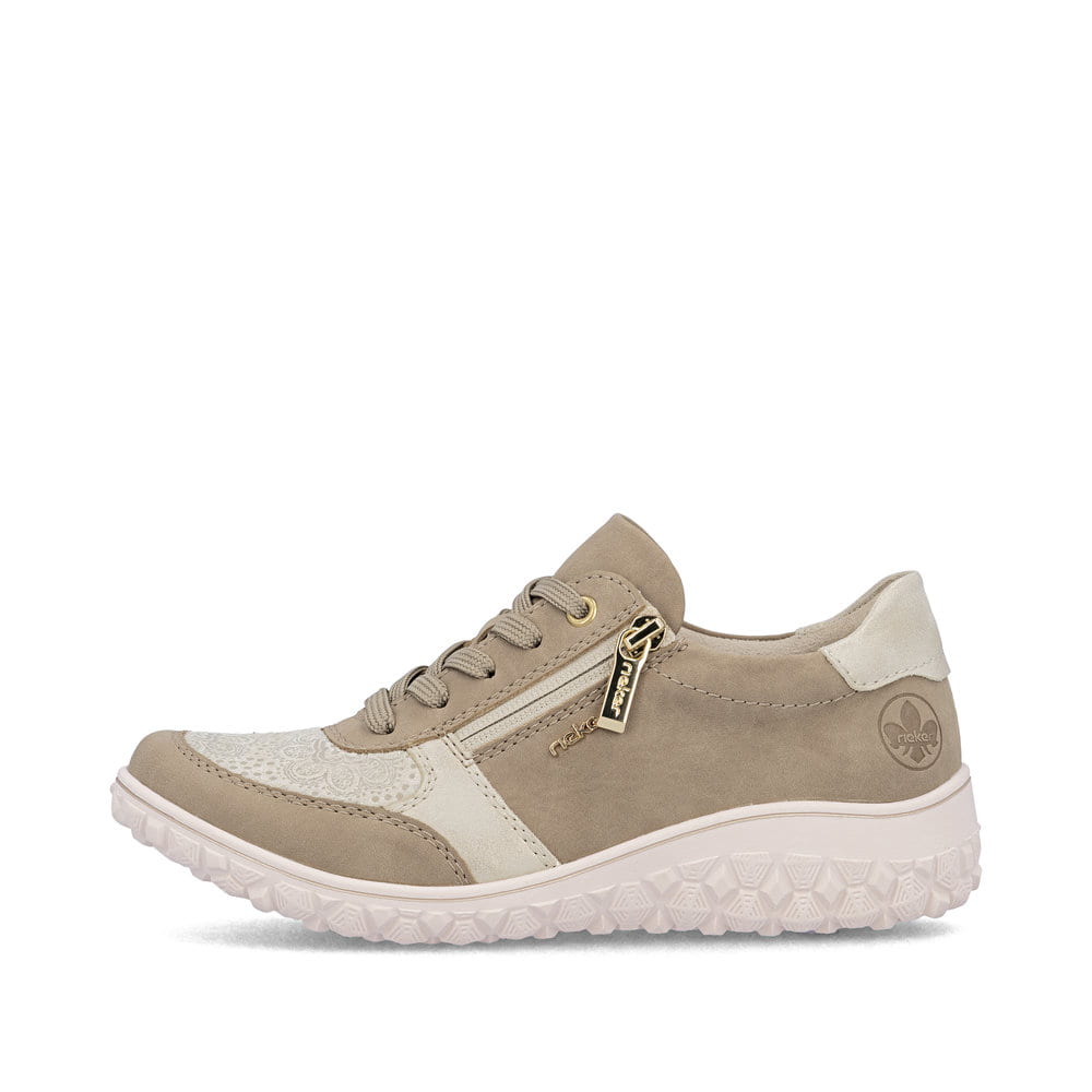 Beige Rieker Damen Schnürschuhe 59502-62 mit Reißverschluss sowie Extraweite H. Schuh Außenseite.