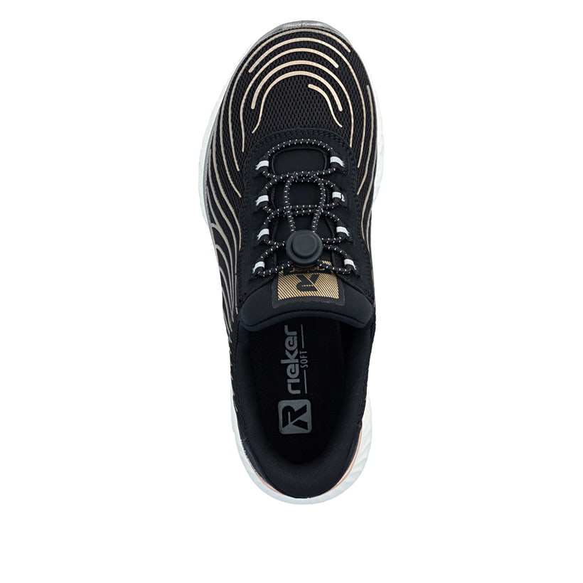 Vegane, schwarze Rieker Damen Slipper M6082-00 mit Ready2GO Anziehkomfort. Schuh von oben.
