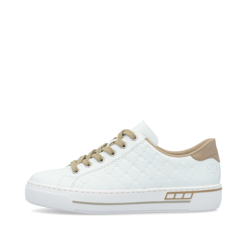 Weiße Rieker Damen Sneaker Low L88W2-80 in Löcheroptik mit einer Schnürung. Schuh Außenseite.