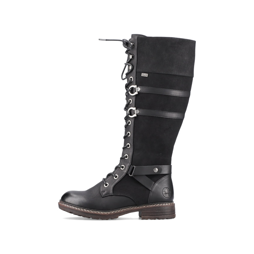 Schwarze Rieker Damen Hochschaftstiefel 94732-00 mit einem Reißverschluss. Schuh Außenseite.