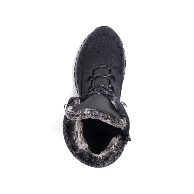 Tiefschwarze Rieker Damen Schnürstiefel M9643-01 mit Schnürung und Reißverschluss. Schuh Laufsohle