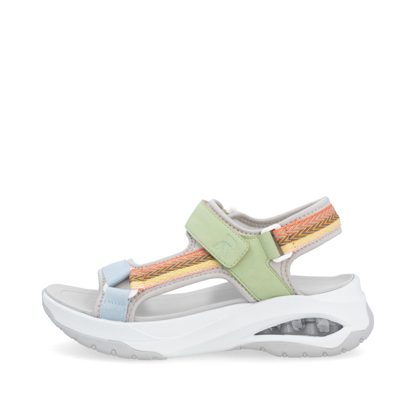 Mehrfarbige vegane Rieker Damen Trekkingsandalen W3151-90 mit Klettverschluss. Schuh Außenseite.