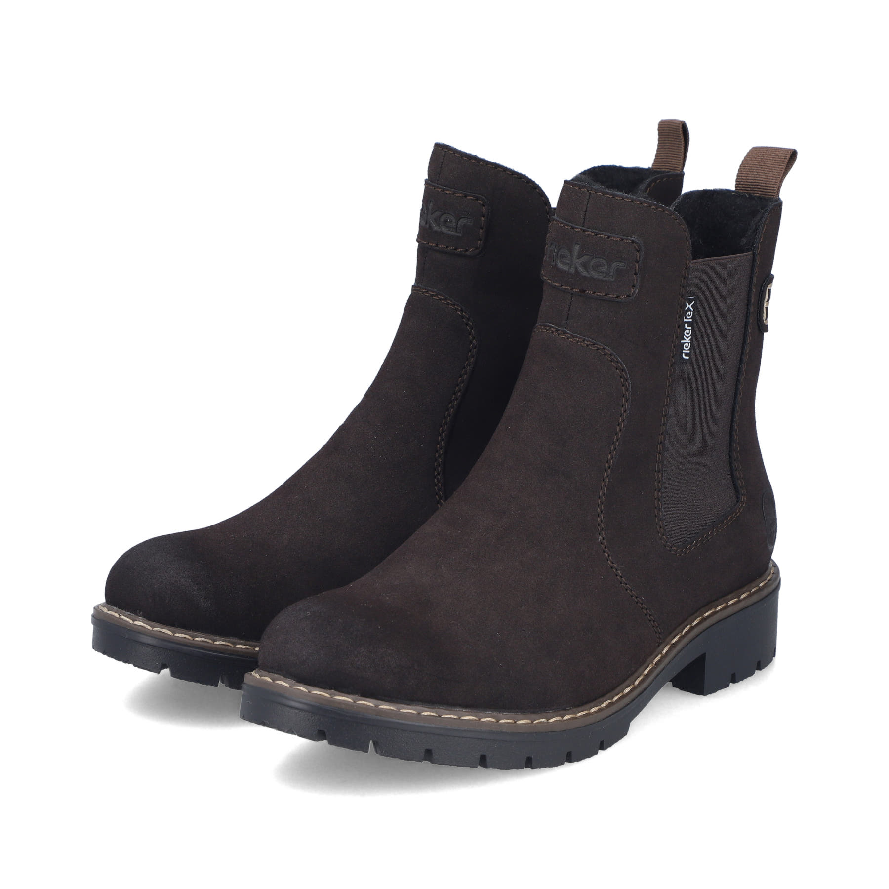 Dunkelbraune Rieker Damen Chelsea Boots Y9160-25 mit einem Reißverschluss. Schuhpaar seitlich schräg.