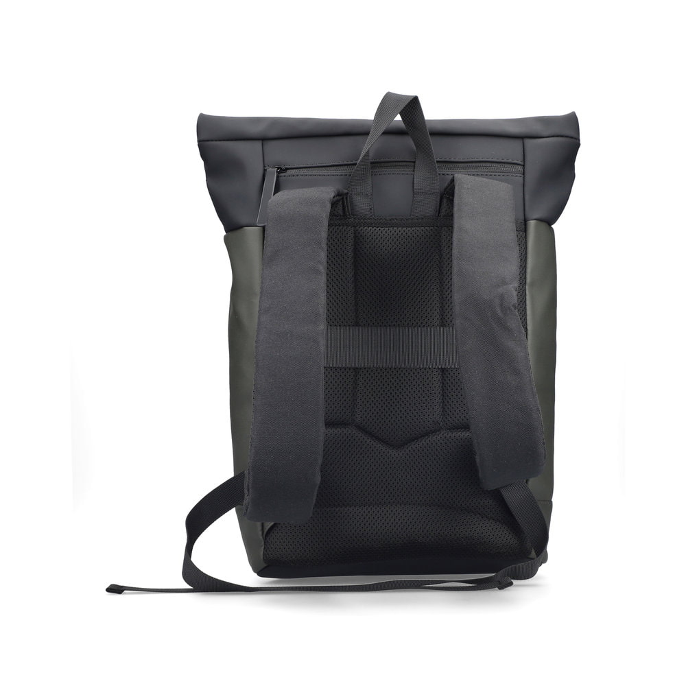 Sac à dos Rieker H5101-54 vert avec fermeture éclair, compartiment rembourré pour ordinateur portable et bretelles ajustable. Arrière.