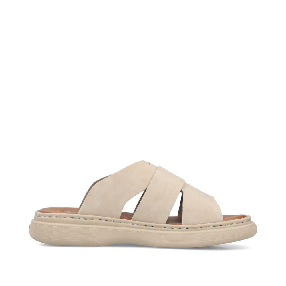 Beige Rieker Damen Pantoletten V3089-62 mit Gummizug sowie ultraleichter Sohle. Schuh Innenseite.