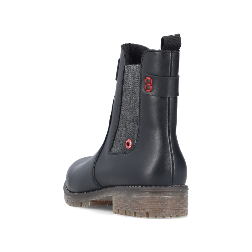 Schwarze Rieker Damen Chelsea Boots 79561-00 mit einem Reißverschluss. Schuh von hinten.