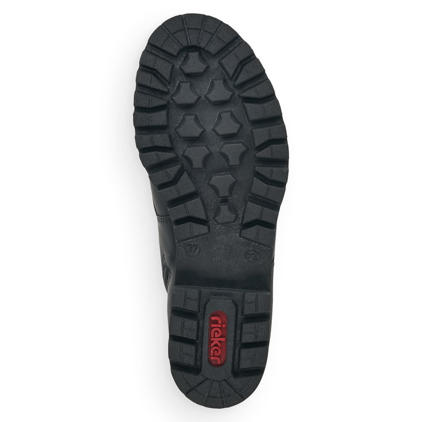 Tiefschwarze Rieker Damen Schnürstiefel 785M1-00 mit einer robusten Profilsohle. Schuh Laufsohle