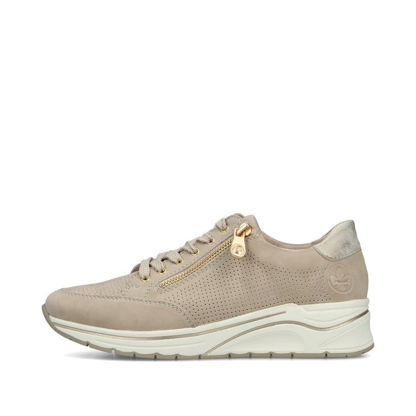 Beige Rieker Damen Sneaker Low N9517-62 mit Reißverschluss sowie Extraweite H. Schuh Außenseite.