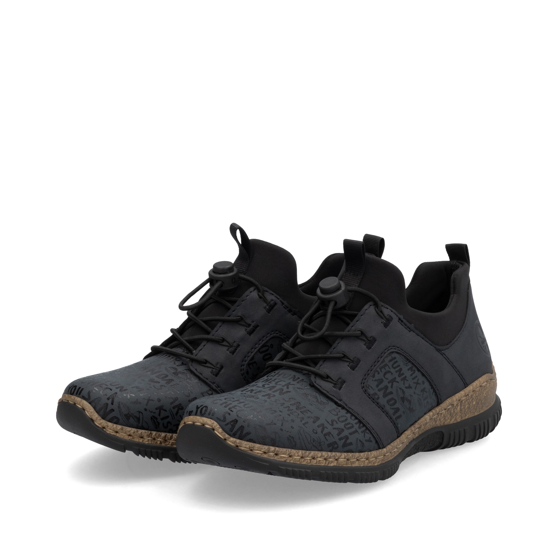 Blaue Rieker Damen Slipper N3295-14 mit einer extra weichen MemoSoft-Decksohle. Schuhpaar seitlich schräg.