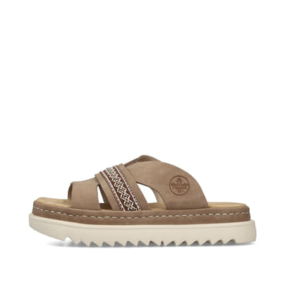 Beige Rieker Damen Pantoletten 61589-62 mit modischen Flechtelementen. Schuh Außenseite.