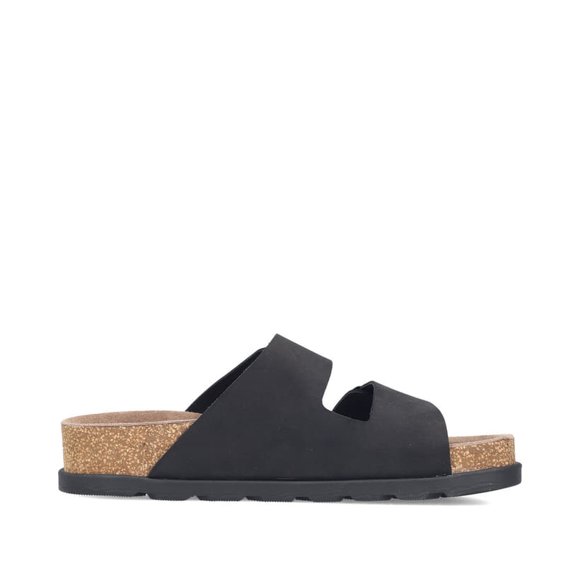 Mules Rieker noires pour femme V3190-01 en cuir velours avec boucles. Côté intérieur de la chaussure.