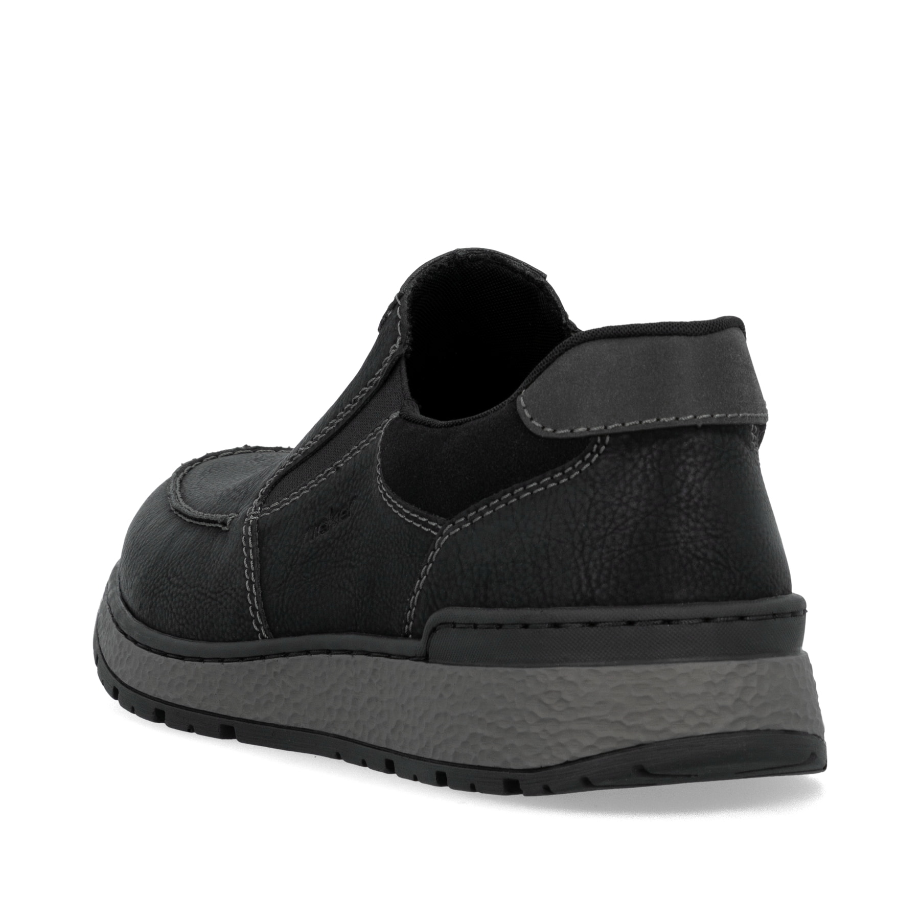 Tiefschwarze Rieker Herren Slipper B9062-00 mit einer schockabsorbierenden Sohle. Schuh von hinten