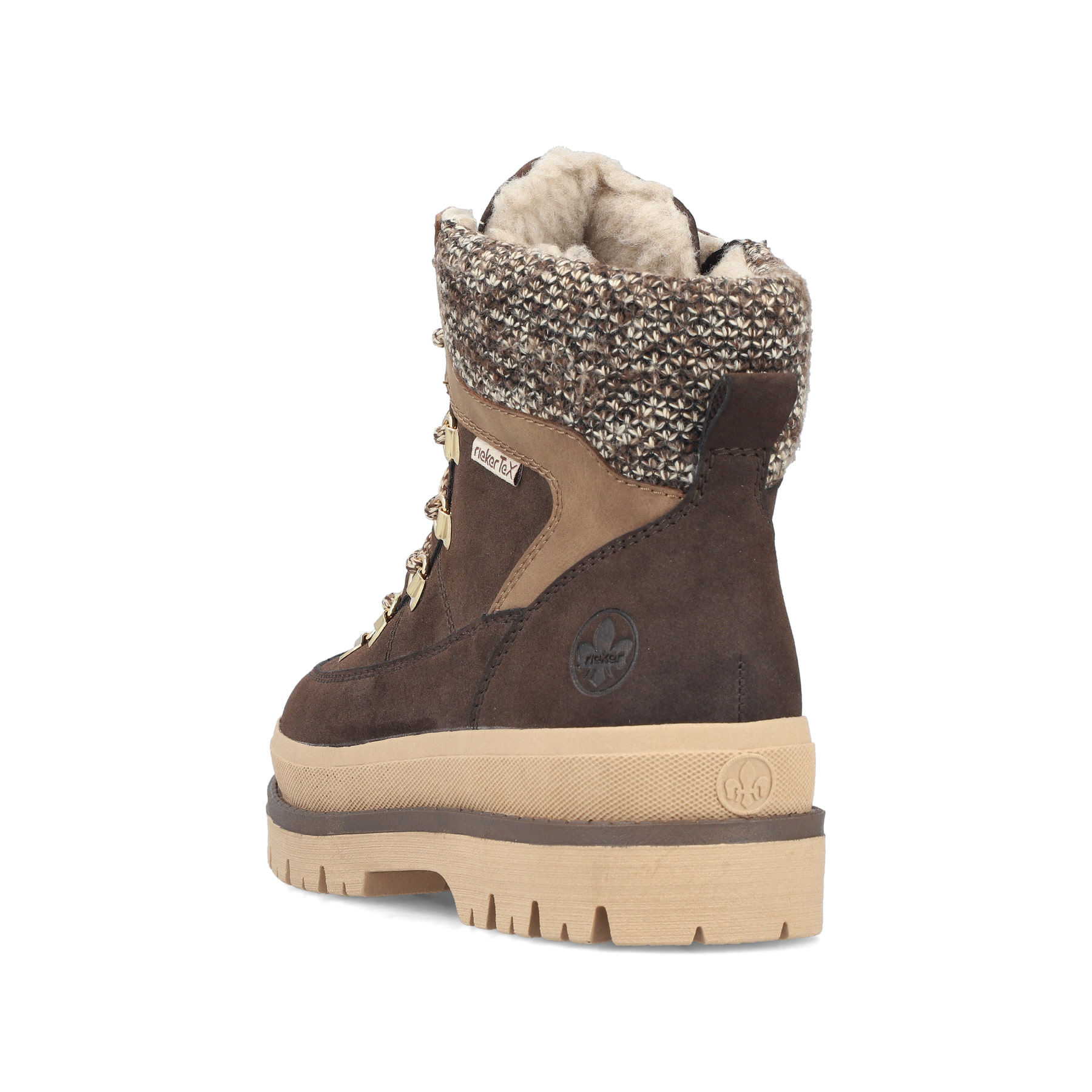 Dunkelbraun-beige Rieker Damen Schnürstiefel Y6210-25 mit Strick-Kragen. Schuh von hinten.