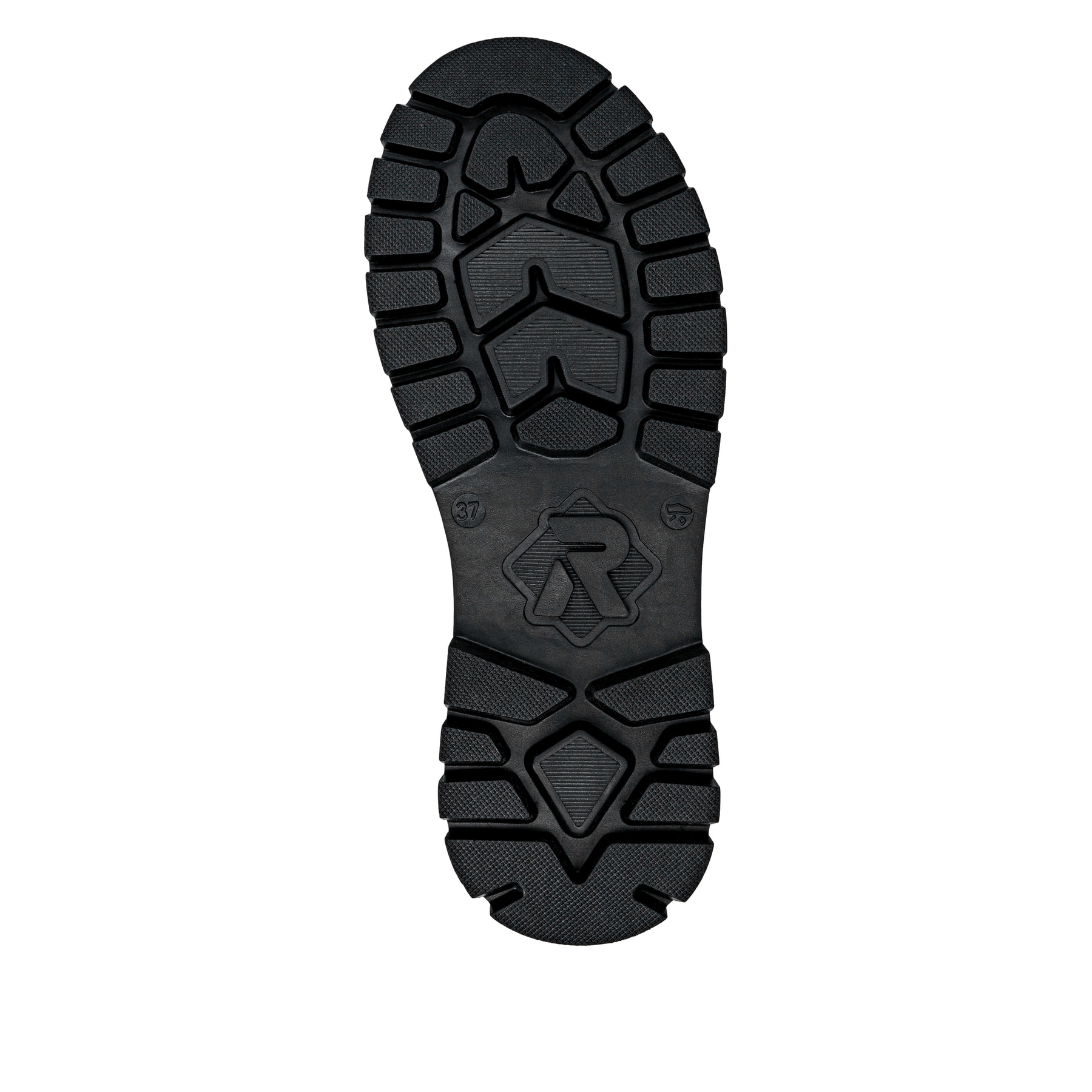 Schwarze Rieker Damen Kurzstiefel W2175-00 aus Rauleder mit weißer Zickzack-Naht. Schuh Laufsohle.