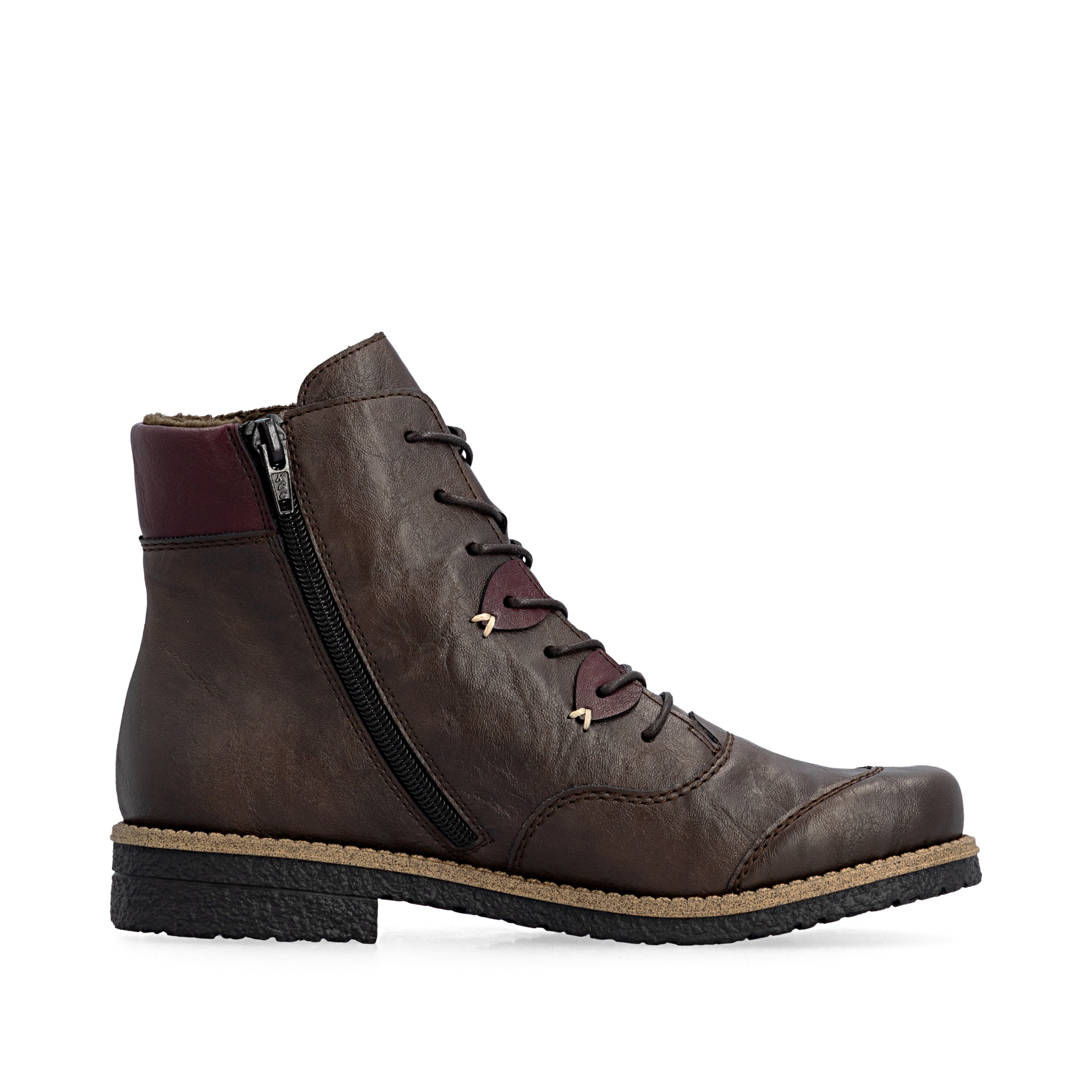 Dunkelbraune Rieker Damen Schnürstiefel 73510-26 mit einem Reißverschluss. Schuh Innenseite.