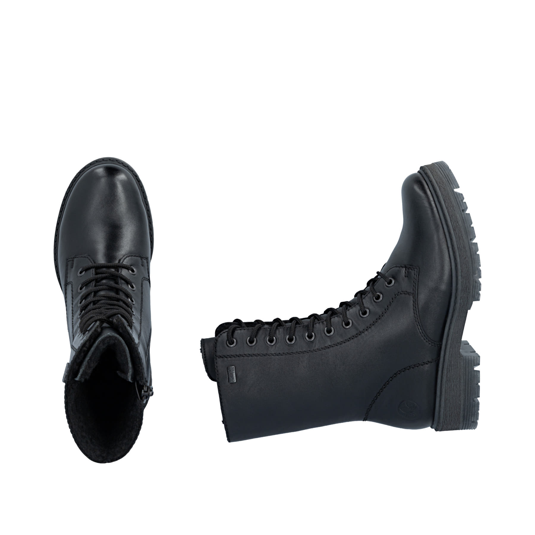 Schwarze Rieker Damen Schnürstiefel 75801-00 aus Glattleder. Schuh von oben, liegend.