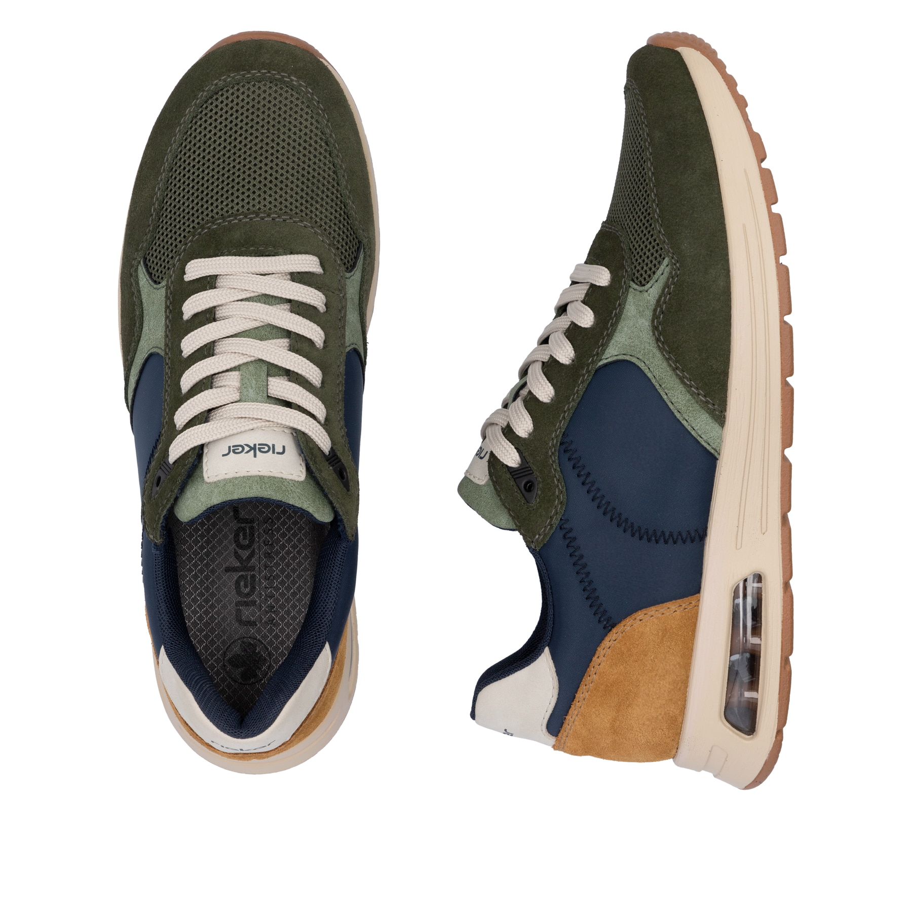 Grüne Rieker Herren Sneaker Low B1000-54 mit Rieker Air Sohlenfenster. Schuh von oben, liegend.