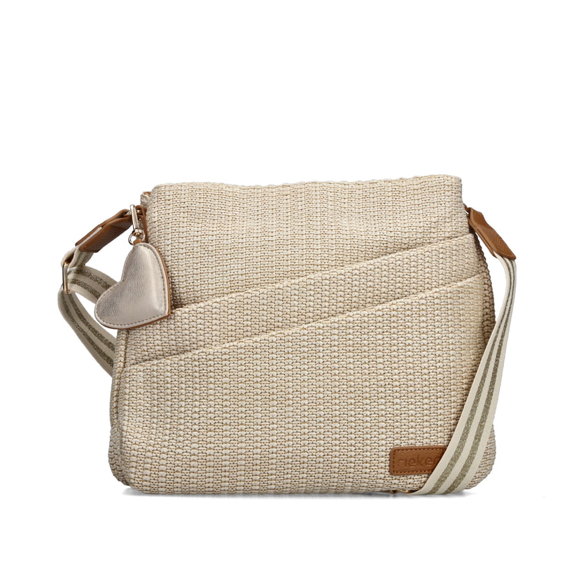 Sac à bandoulière Rieker H1004-62 beige avec fermeture éclair et pendentif en forme de cœur amovible. Devant.