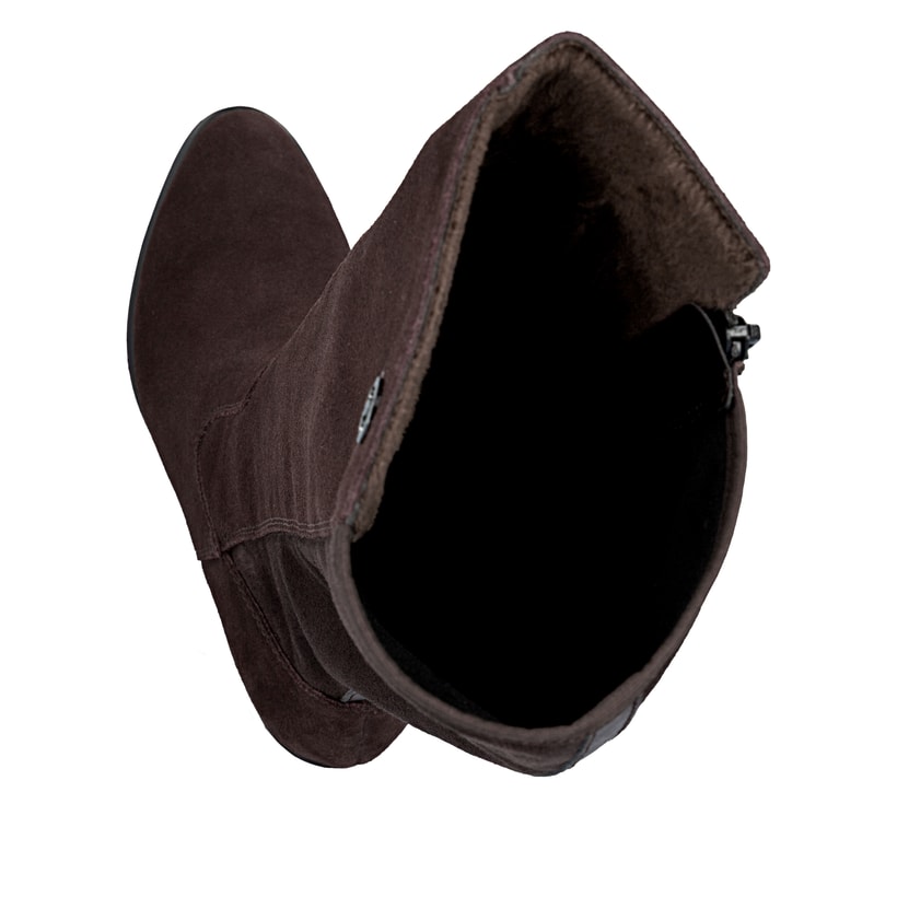 Dunkelbraune Rieker Damen Hochschaftstiefel Y2050-25 mit einem Reißverschluss. Schuh von oben, liegend.