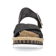 Graphitschwarze Rieker Keilsandaletten V7951-01 mit einem Klettverschluss. Schuh von vorne.