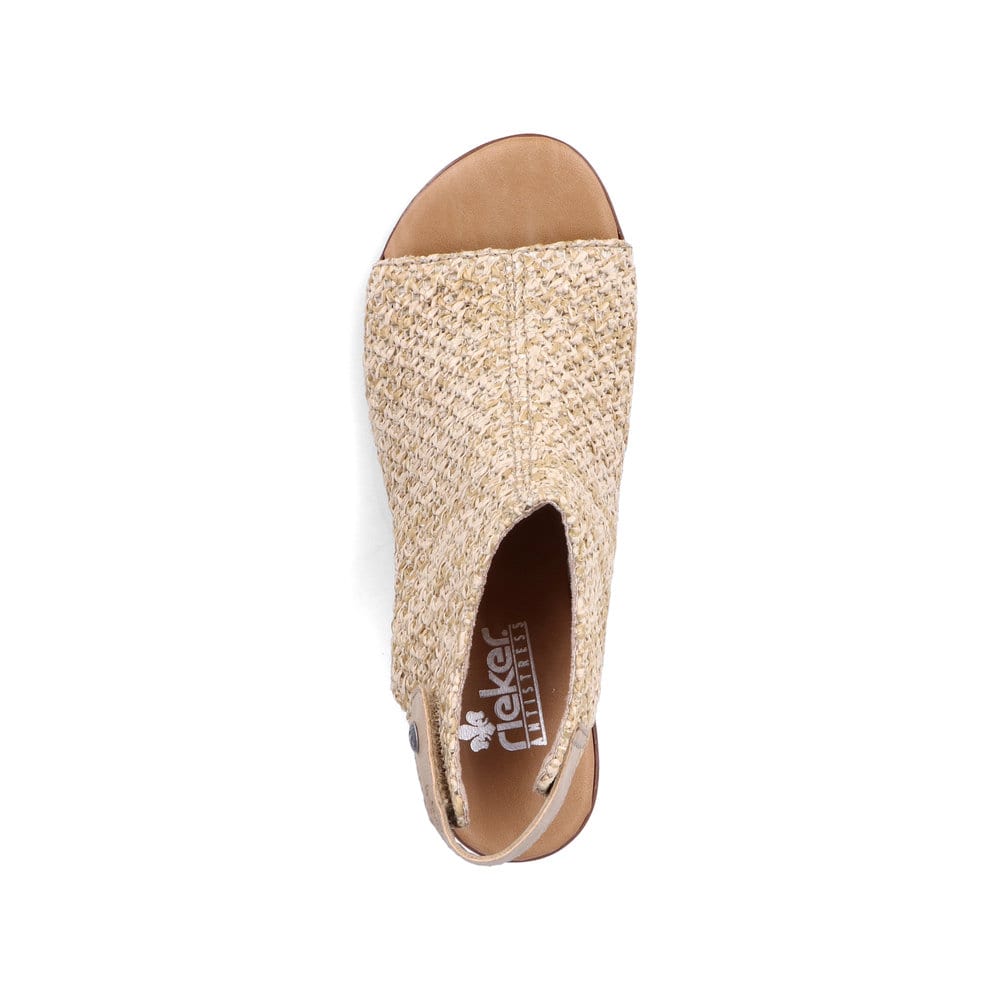 Sandalettes Ã  lanières Rieker beiges femme 64670-60 avec fermeture velcro. Chaussure vue de dessus.