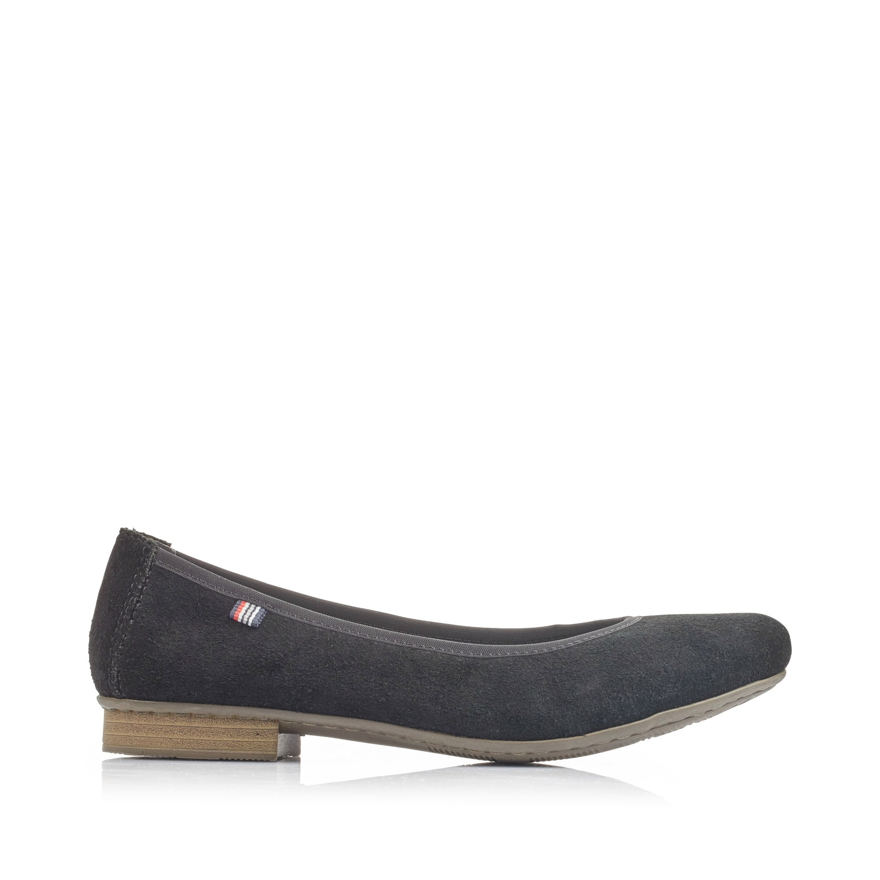 Schwarze Rieker Ballerinas 51994-00 mit einer extra weichen Decksohle. Schuh Außenseite gespiegelt.