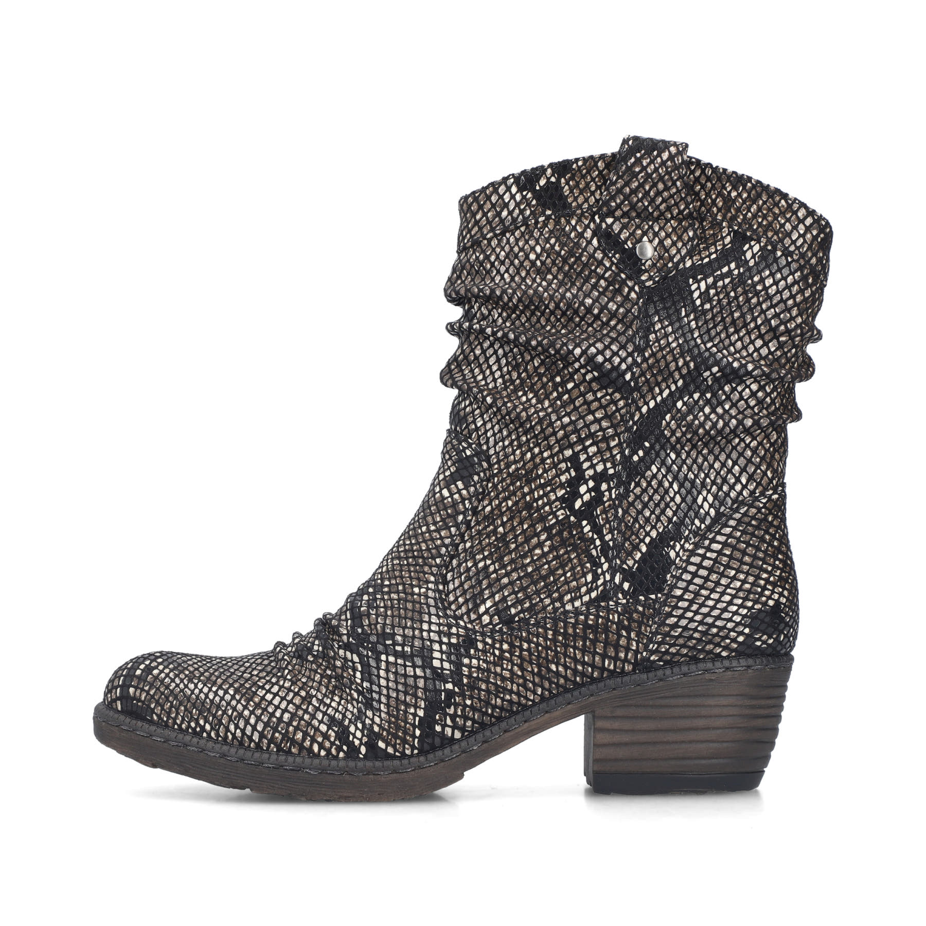 Schwarz-braune Rieker Damen Kurzstiefel 93770-27 mit einem Reißverschluss. Schuh Außenseite.