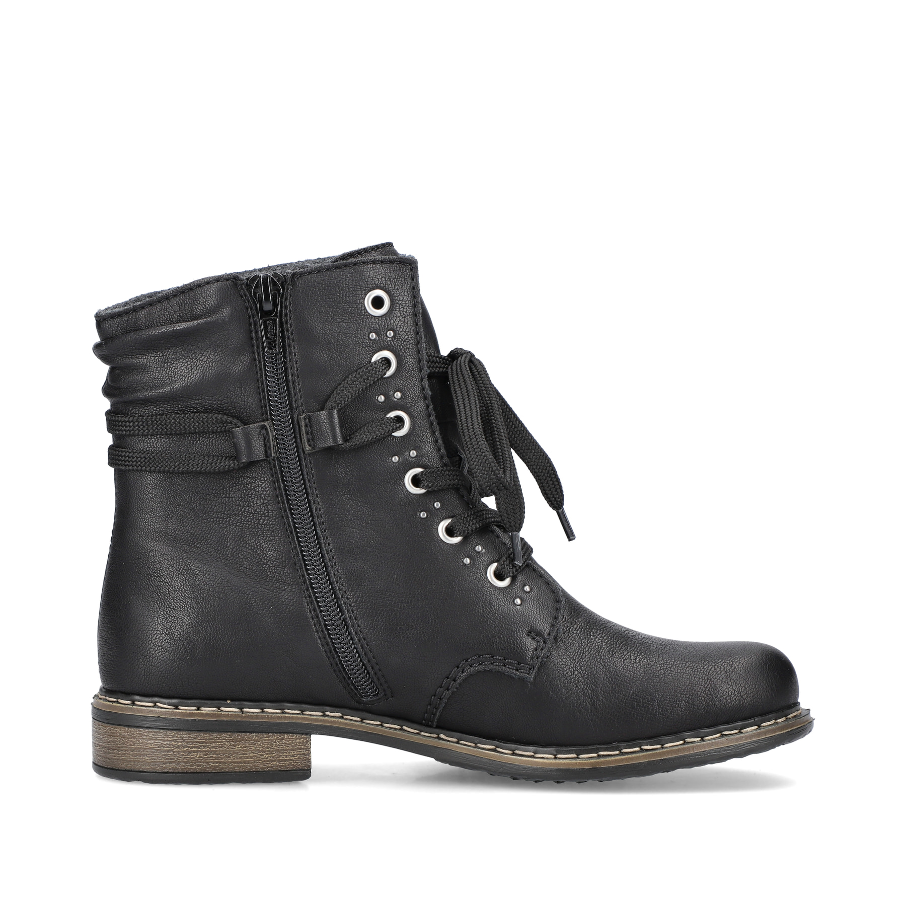 Bottes à lacets Rieker noires pour femme 71218-00 avec fermeture éclair. Intérieur de la chaussure.