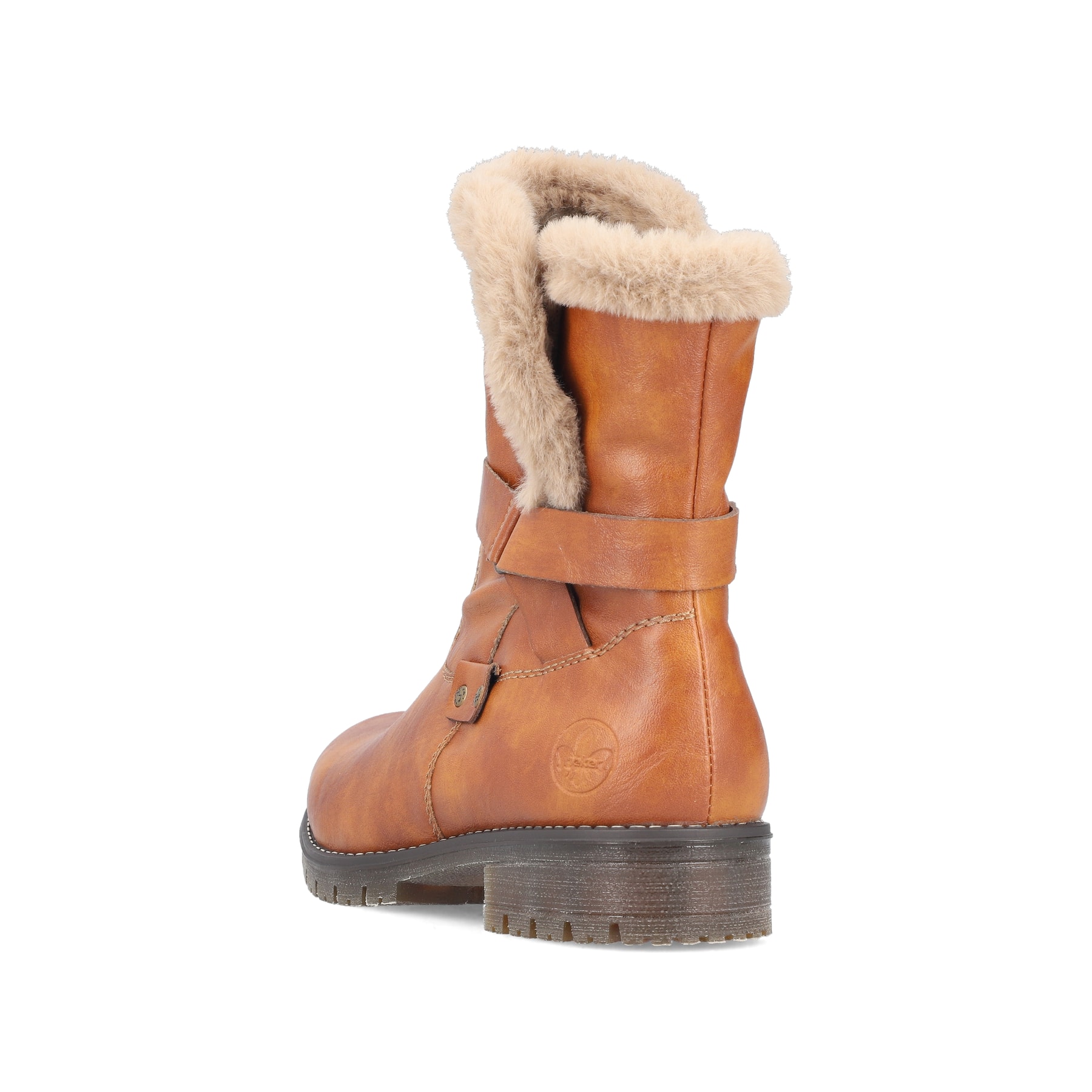 Braune Rieker Damen Kurzstiefel 79580-25 mit Kunstfell-Kragen. Schuh von hinten.