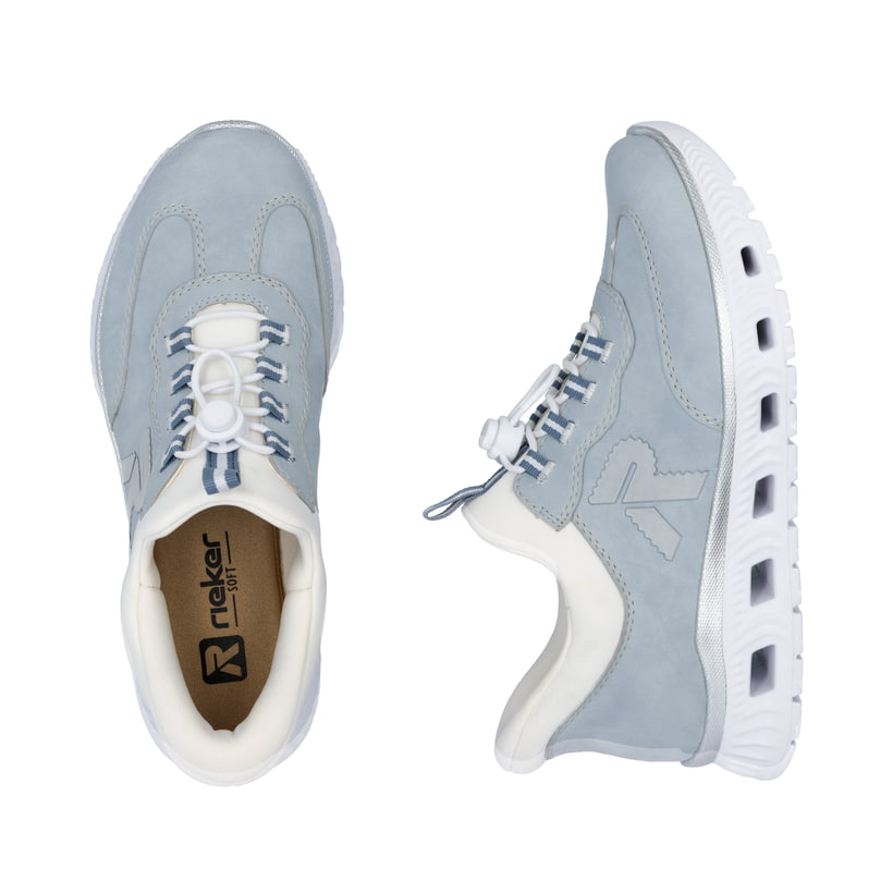 Baskets basses Rieker bleues pour femme M6071-12 avec bande élastique. Chaussure vue de dessus, couchée.