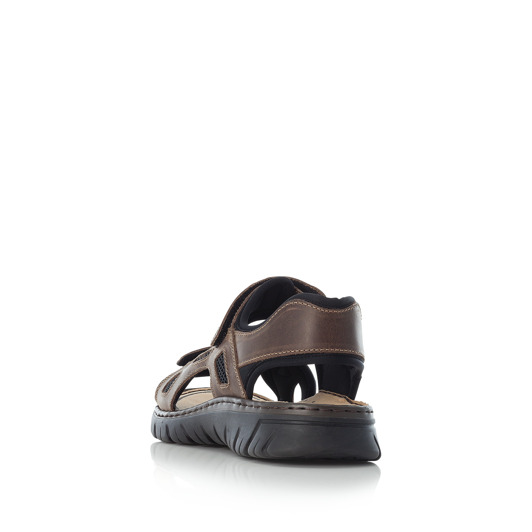 Braune Rieker Herren Trekkingsandalen 26761-26 mit einem Klettverschluss. Schuh von hinten.