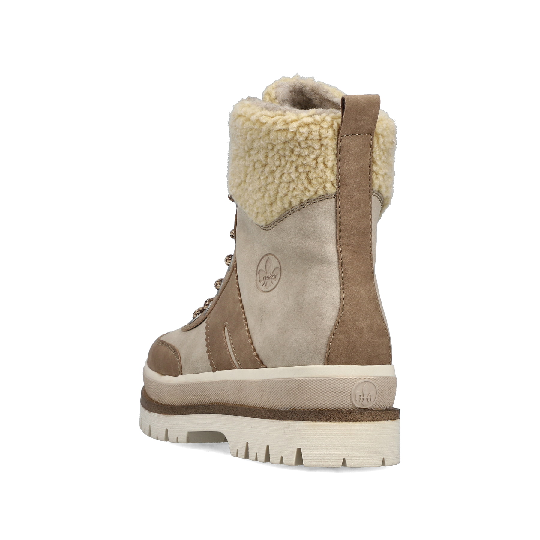 Beige Rieker Damen Schnürstiefel Y6230-62 mit Schaftkragen sowie Reißverschluss. Schuh von hinten.