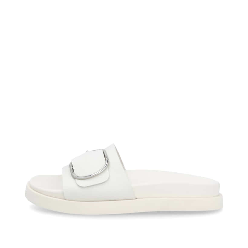 Weiße Rieker Damen Pantoletten W1453-80 mit Gummizug sowie trendigen Schnalle. Schuh Außenseite.