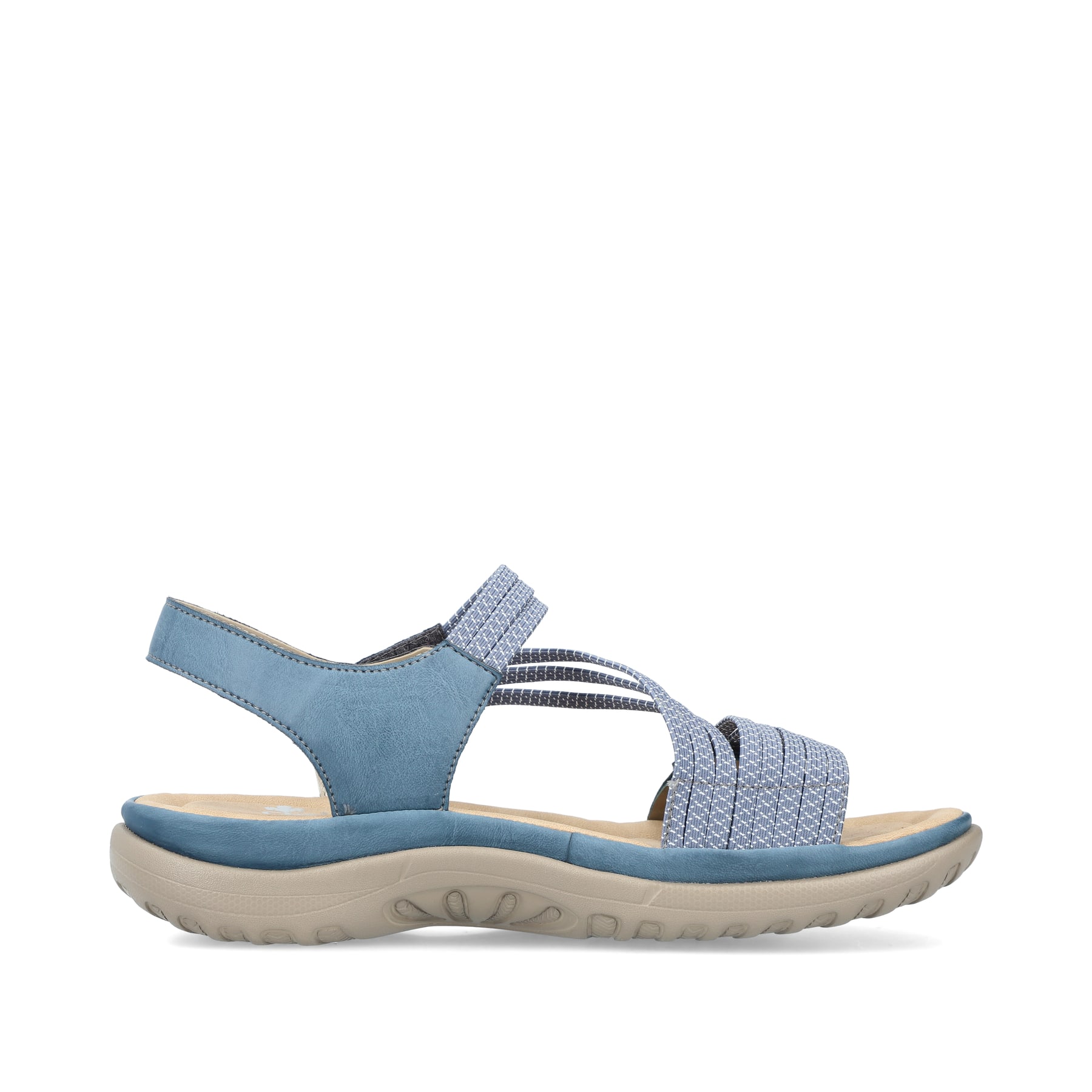 Blaue vegane Rieker Damen Trekkingsandalen 64870-14 mit einem Klettverschluss. Schuh Innenseite.
